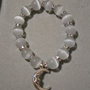Moon Charm White Cats Eye Beaded Stretch Bracelet